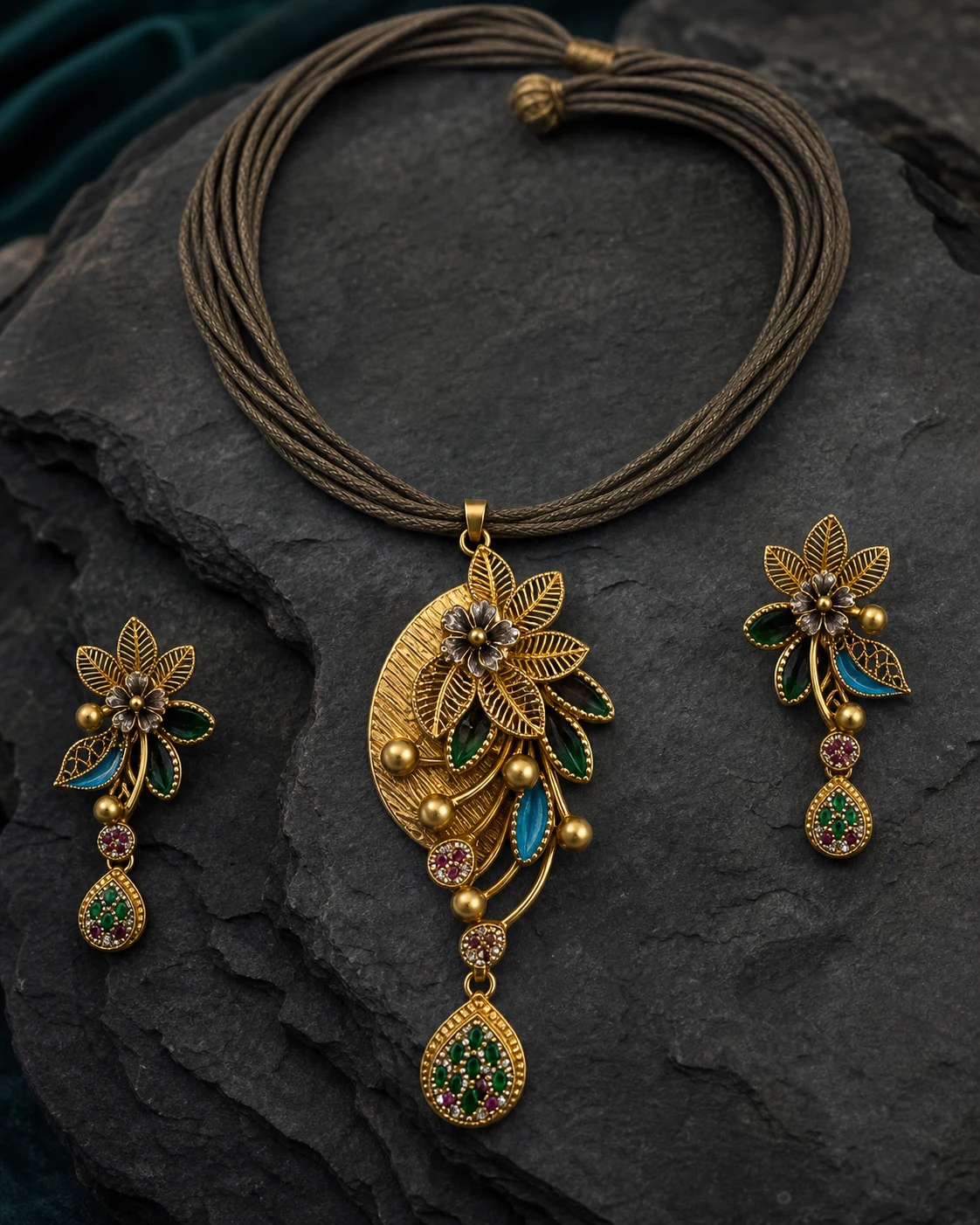 925 silver floral enamel pendant full set with turquoise and green leaves