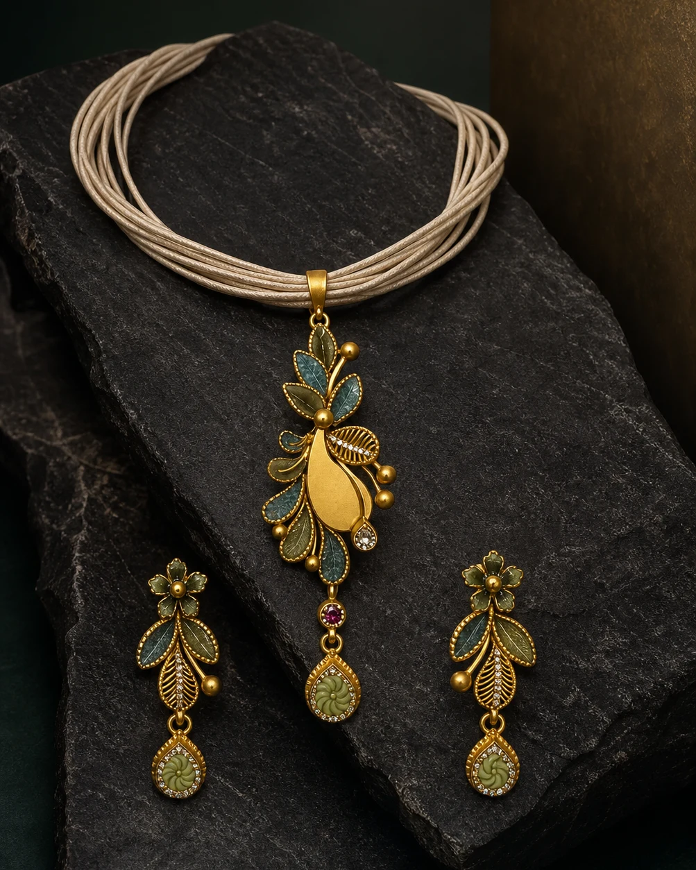 925 silver green enamel peacock pendant full set on cream maala
