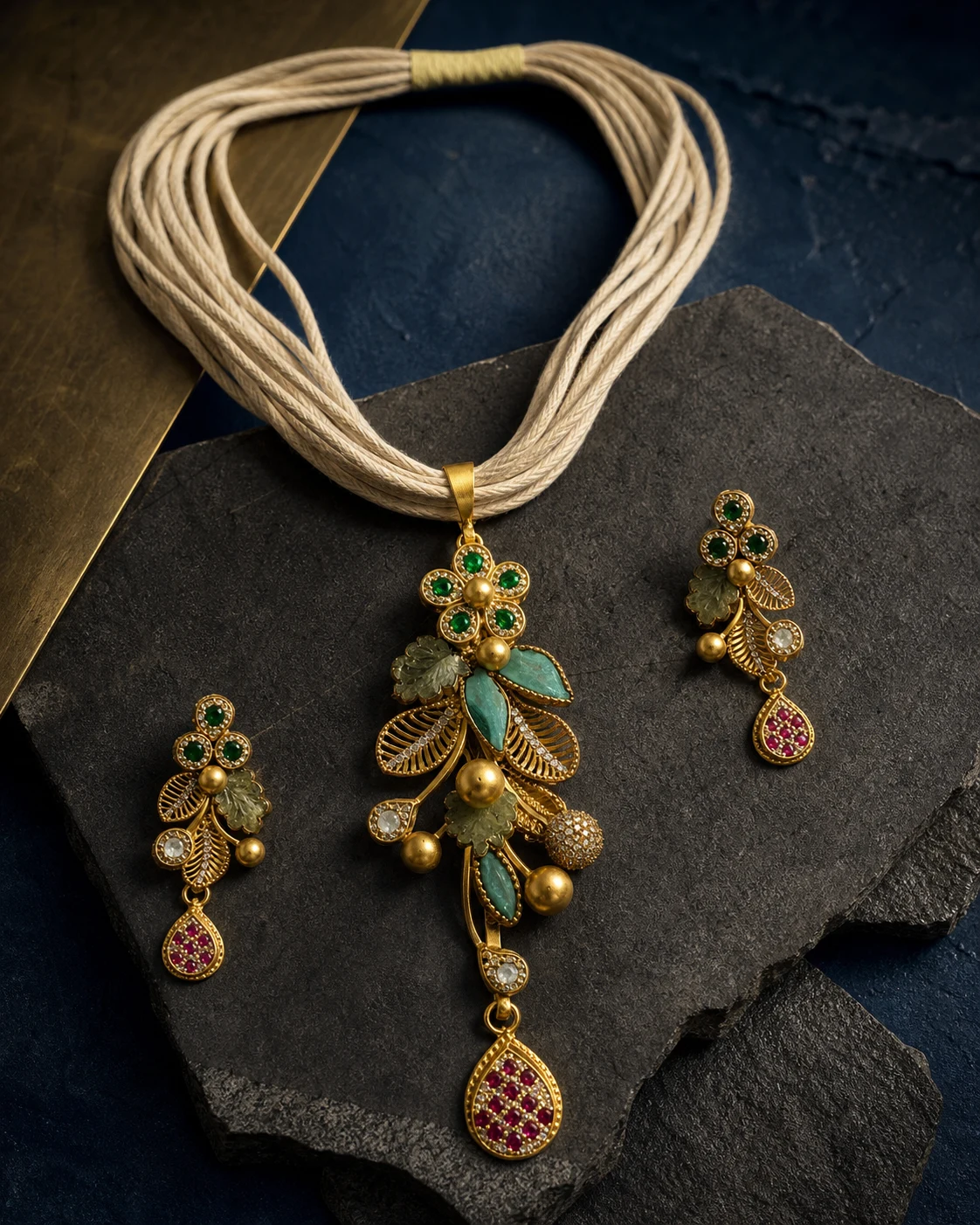 925 silver floral leaf pendant full set on cream cord with ruby drops