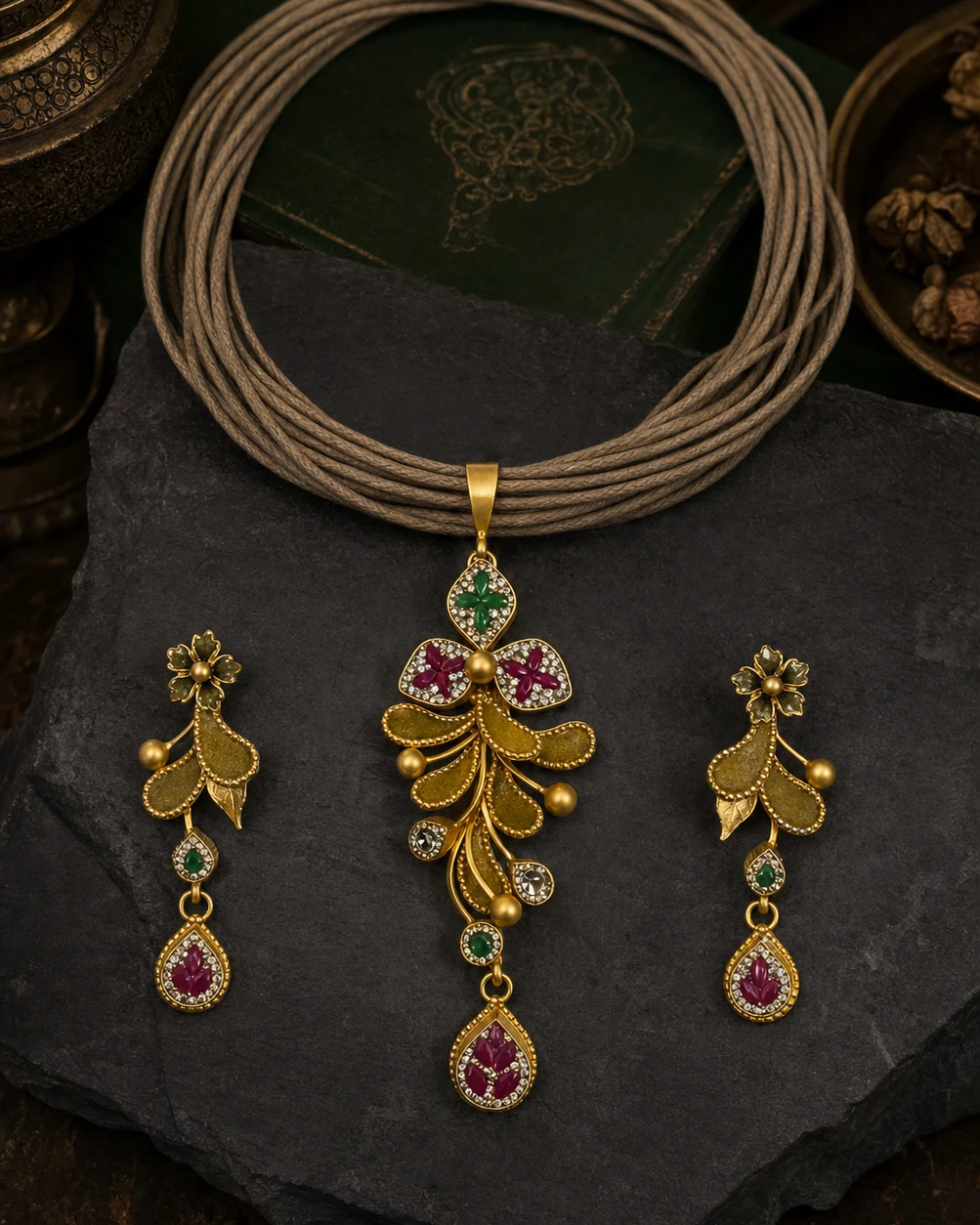 925 silver floral enamel full set with ruby teardrop and taupe maala