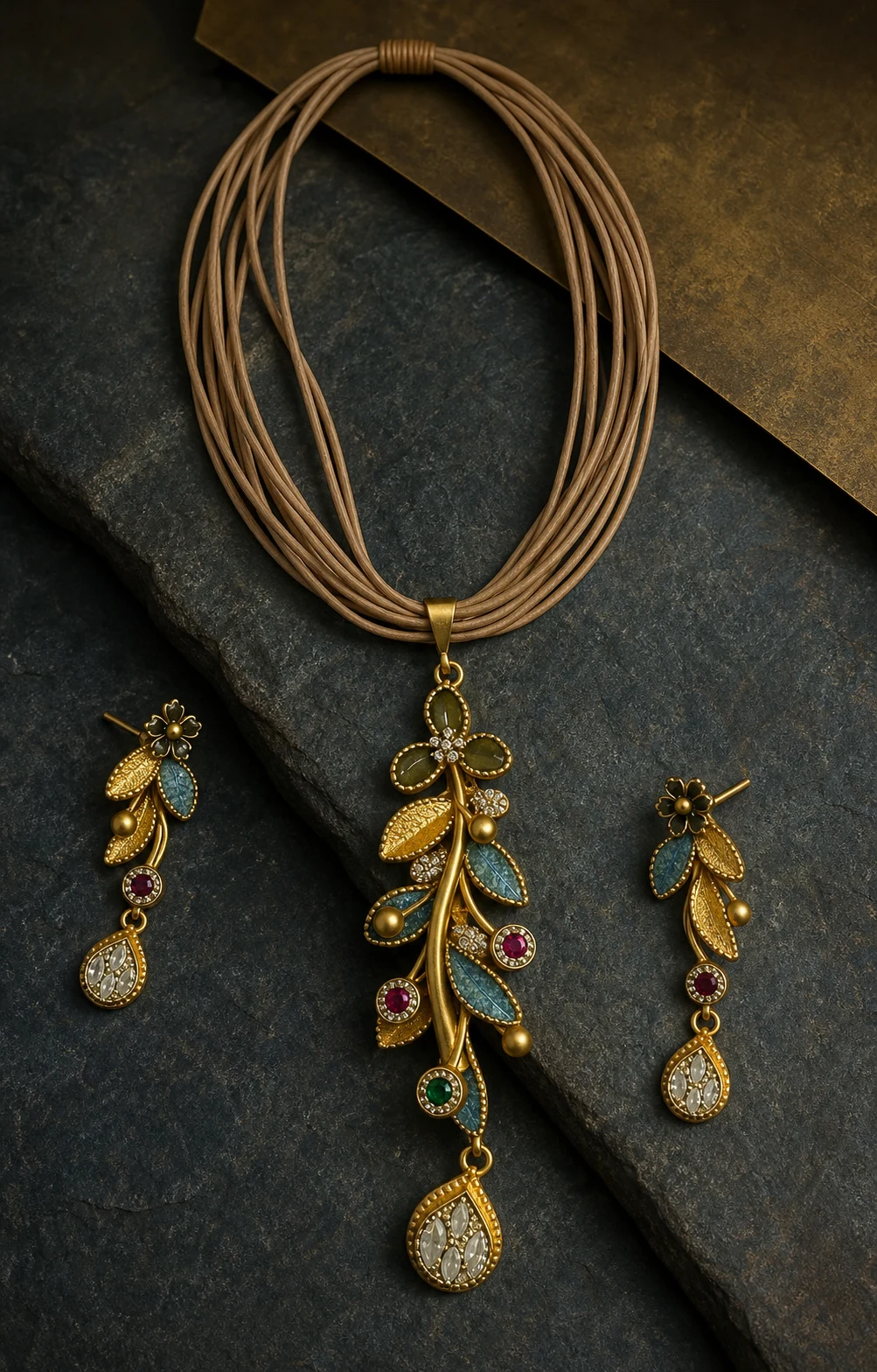 925 silver botanical leaf pendant full set with teal enamel and kundan drop