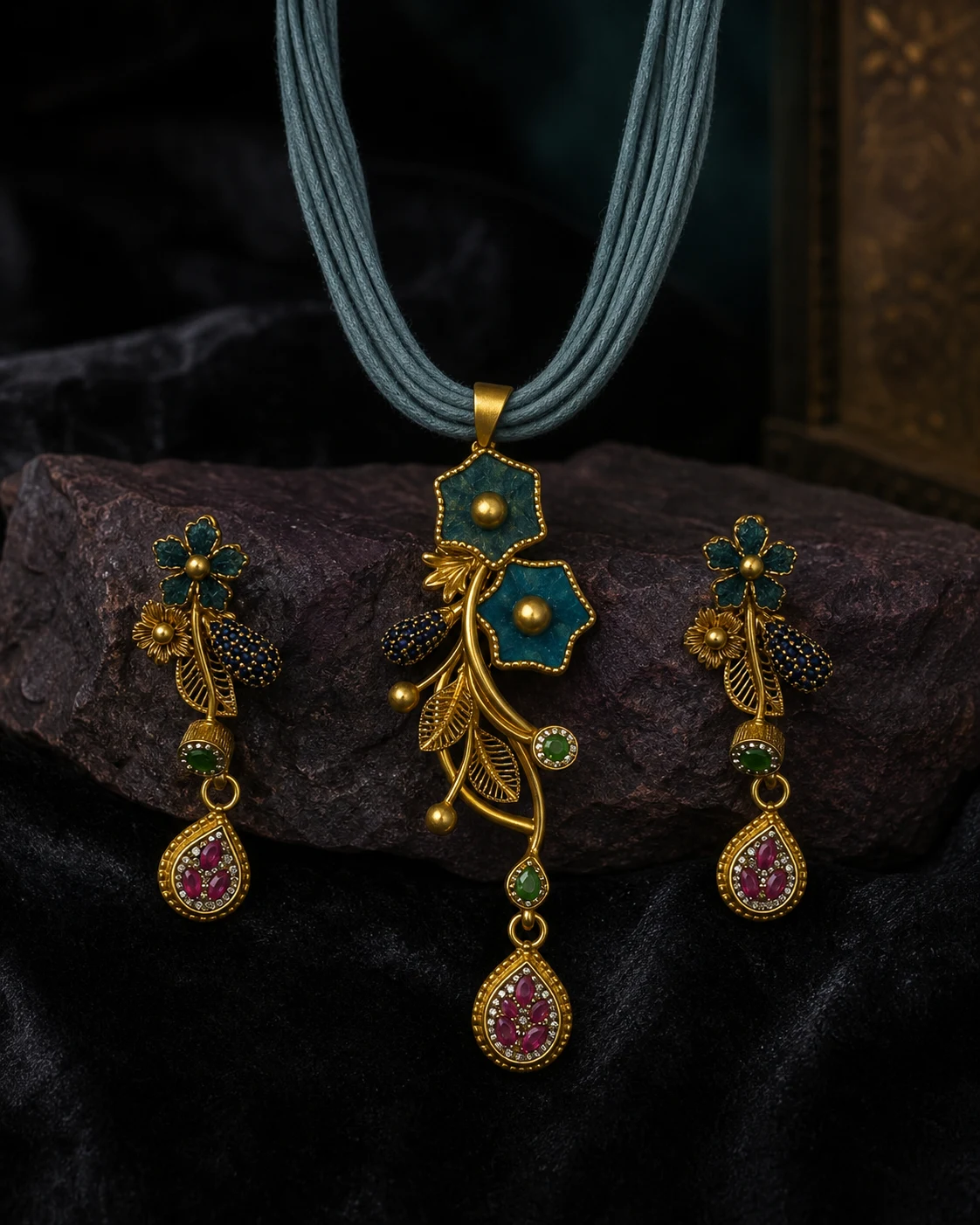 925 silver teal floral pendant full set on slate-blue cord