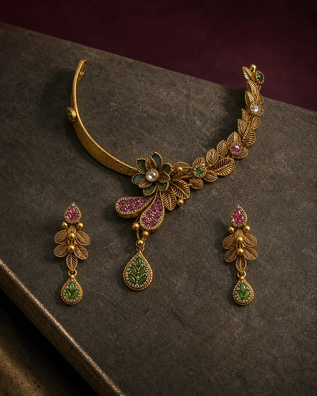 925 silver floral leaf torque full set with green enamel drops