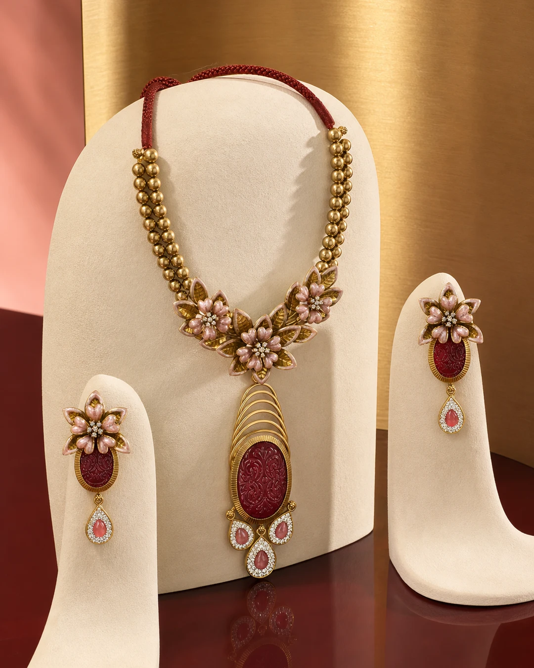925 silver pink floral maala full set with carved oval pendant