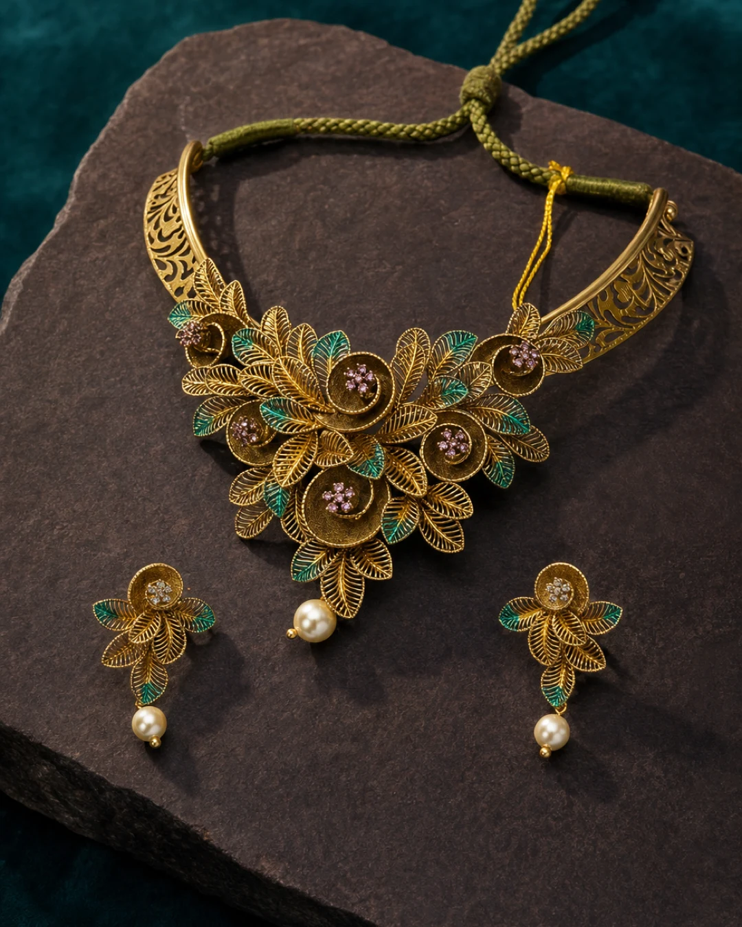 925 silver floral filigree maala full set with pearl drops