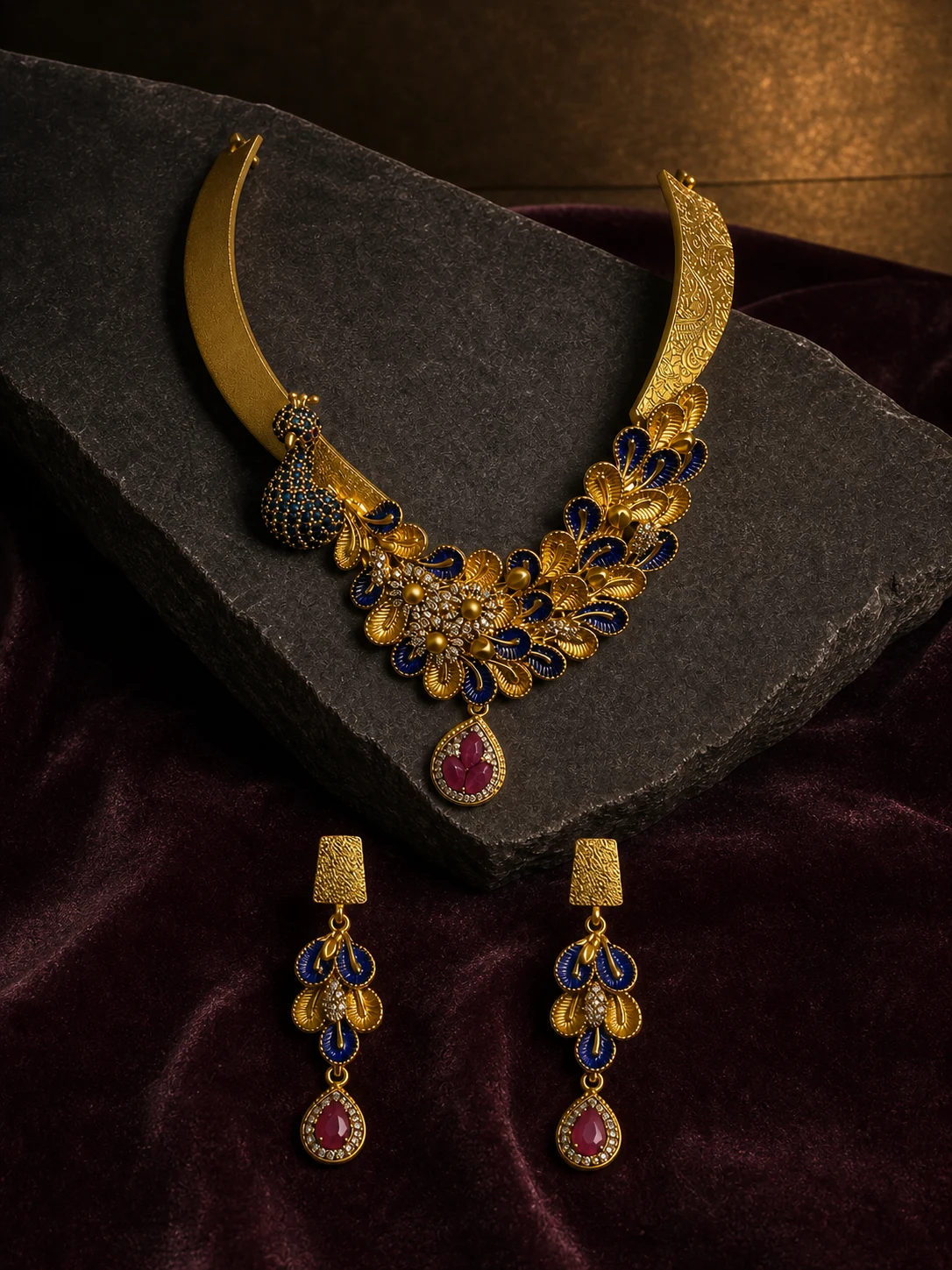 925 silver peacock collar full set with navy enamel and pink drops