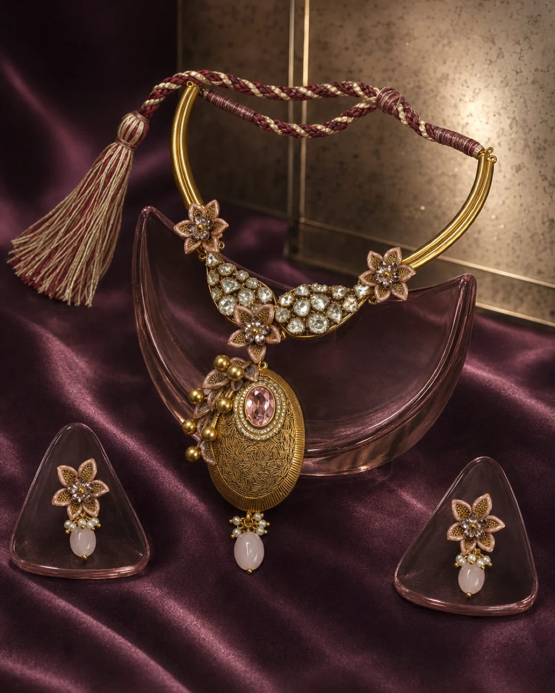 925 silver pink floral collar full set with oval medallion pendant