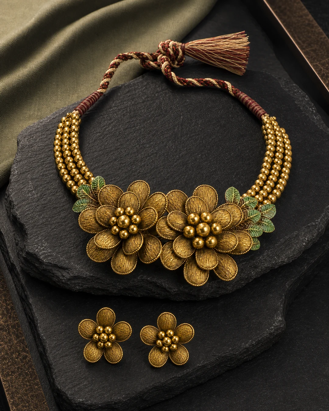 925 silver floral bead maala full set with green enamel leaves