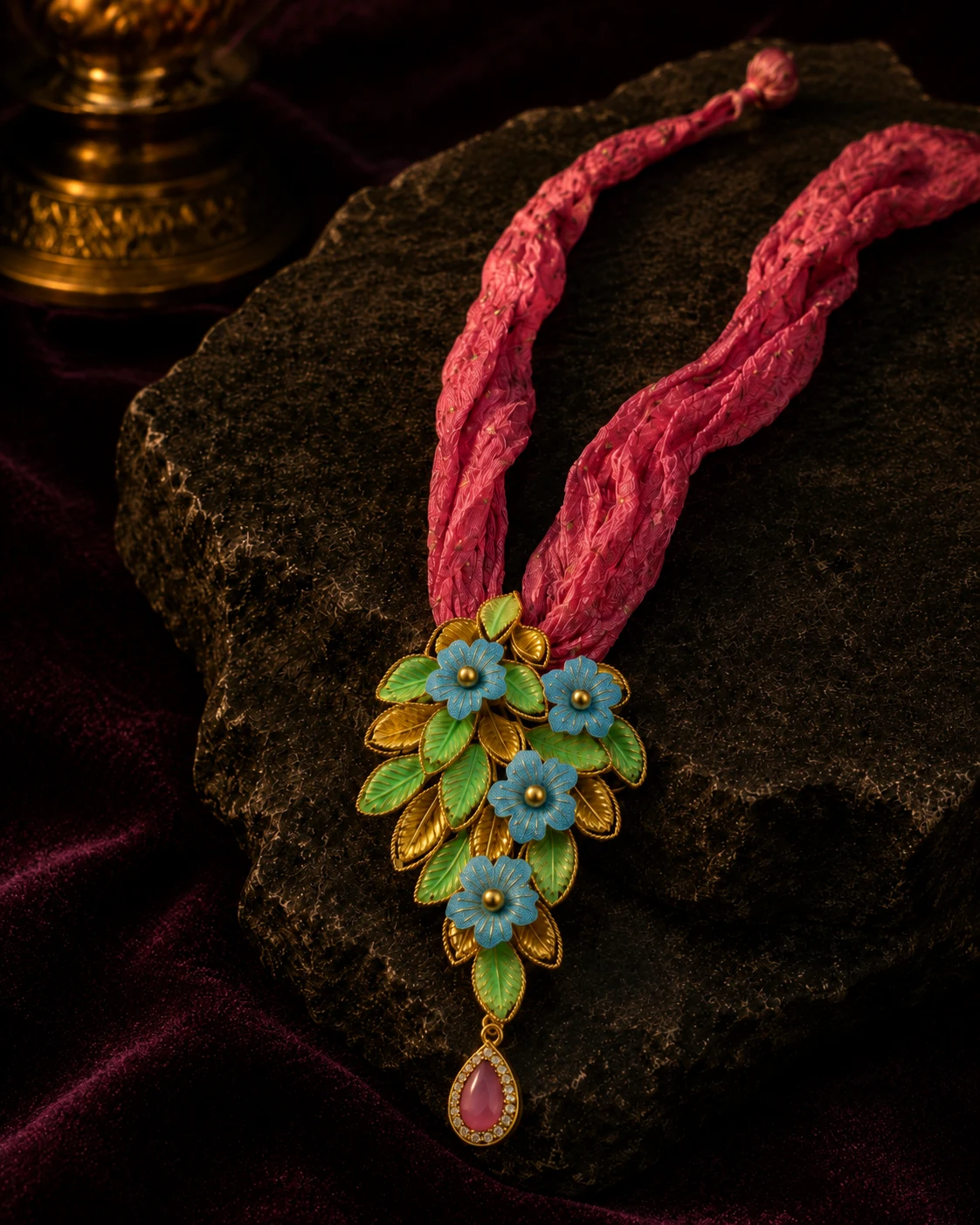925 silver blue floral enamel pendant on magenta maala