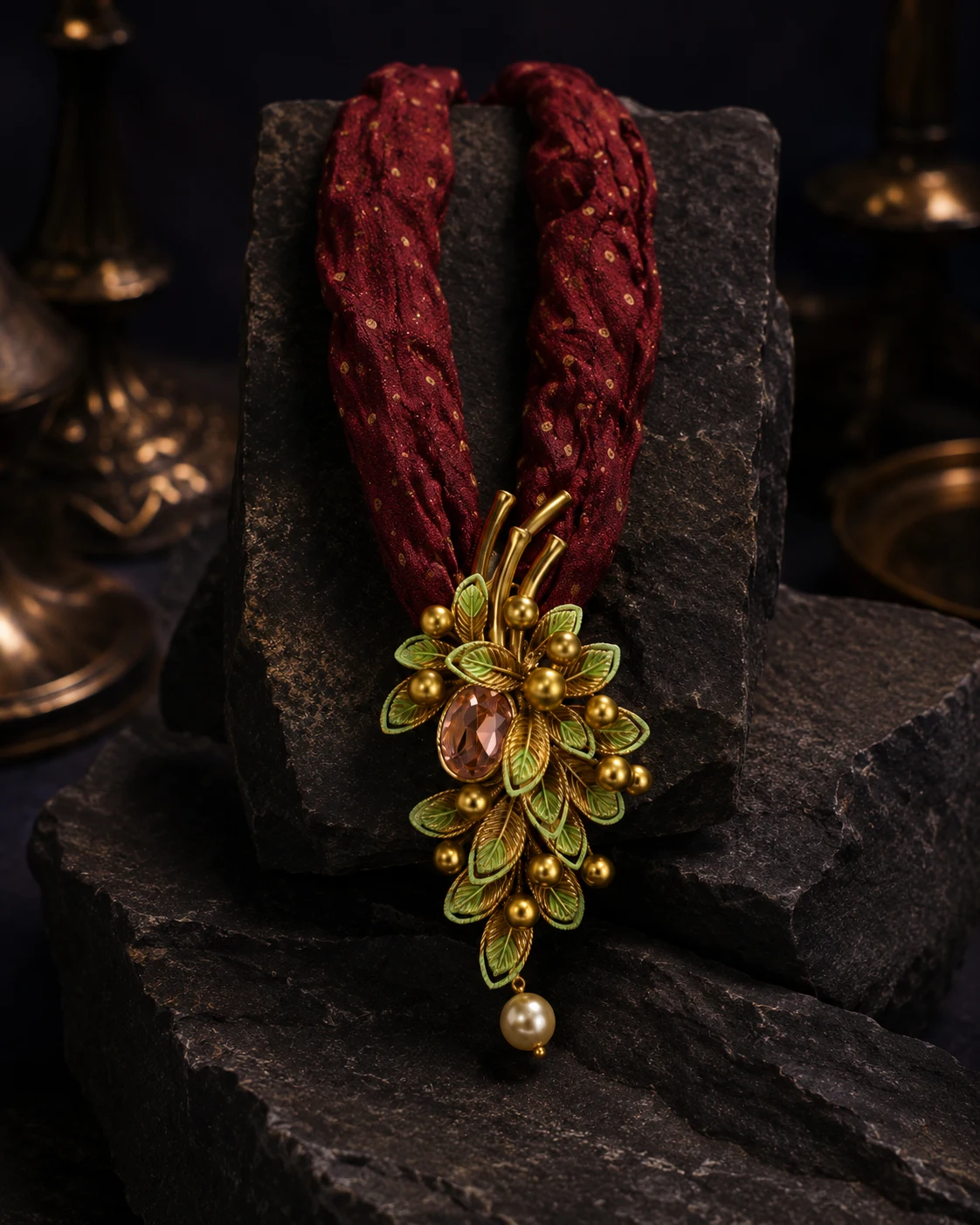 925 silver floral leaf maala with green enamel and pearl drop