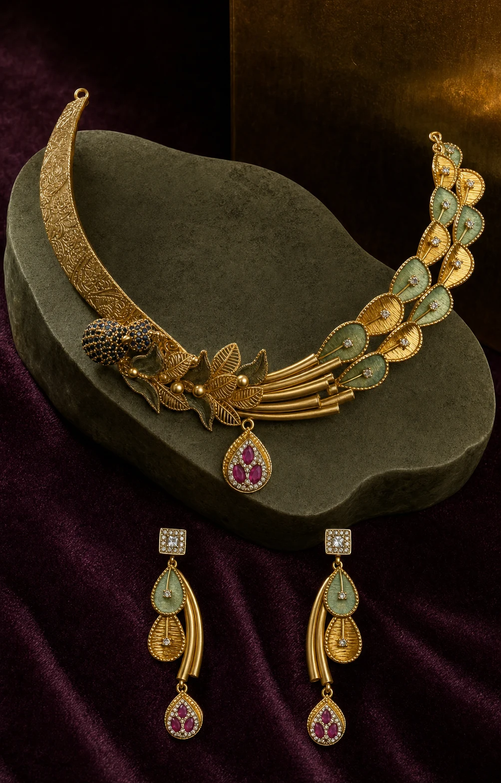 925 silver sage enamel torque full set with pink stone drops