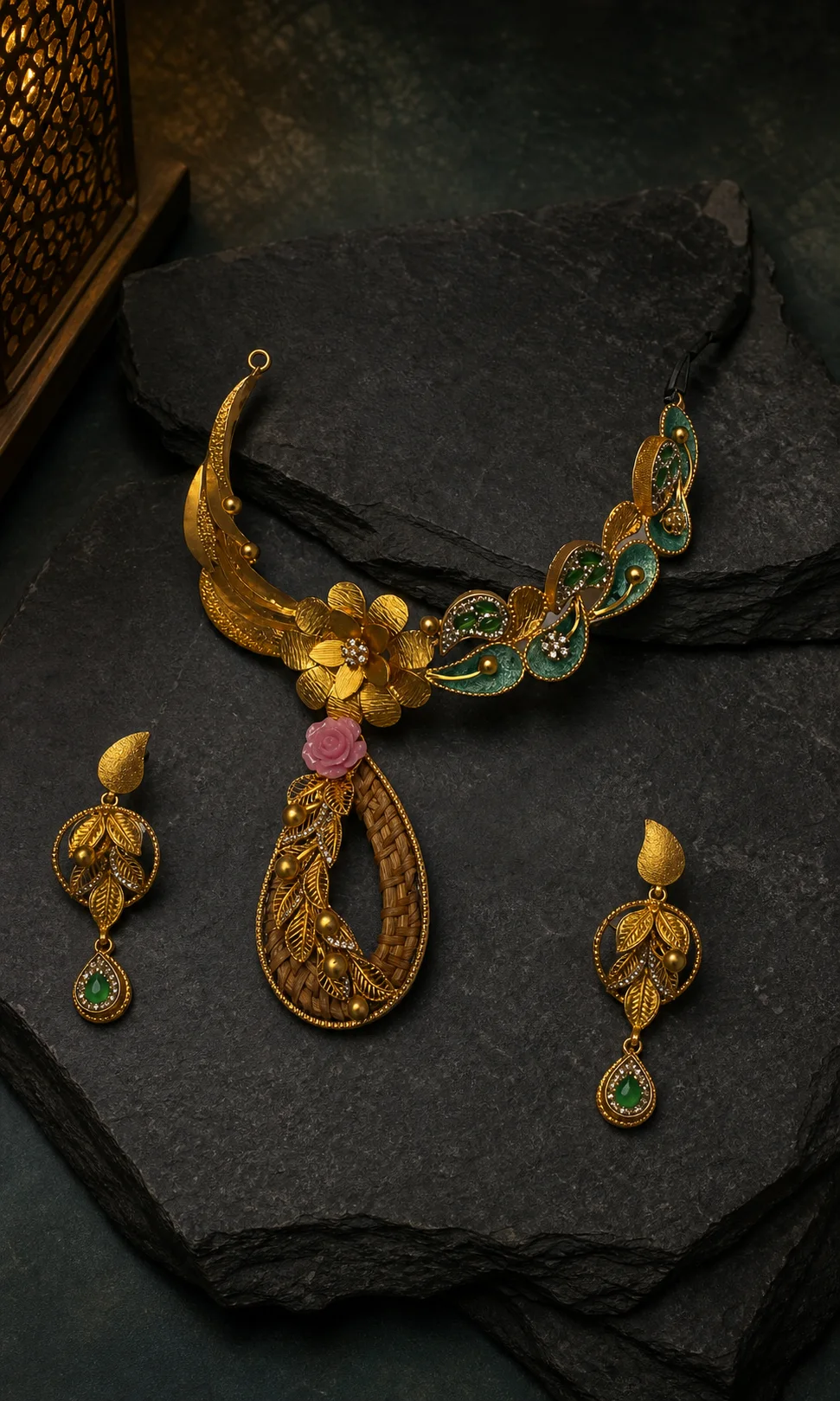 925 silver floral pendant full set with amber drops on dark slate