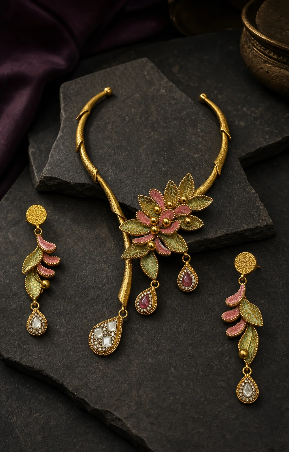 925 silver pink enamel floral full set with matching drop earrings