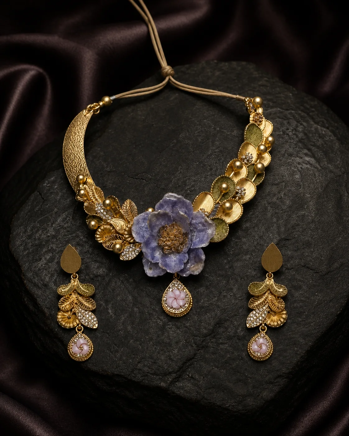 925 silver purple floral collar full set with matching earrings