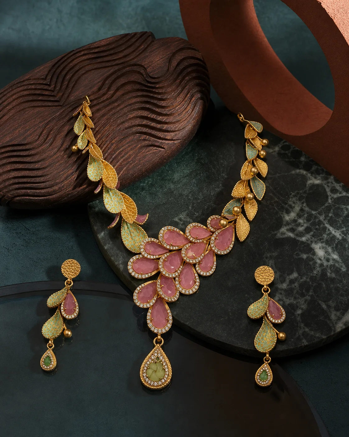 925 silver pink floral full set with gold-tone bead detailing