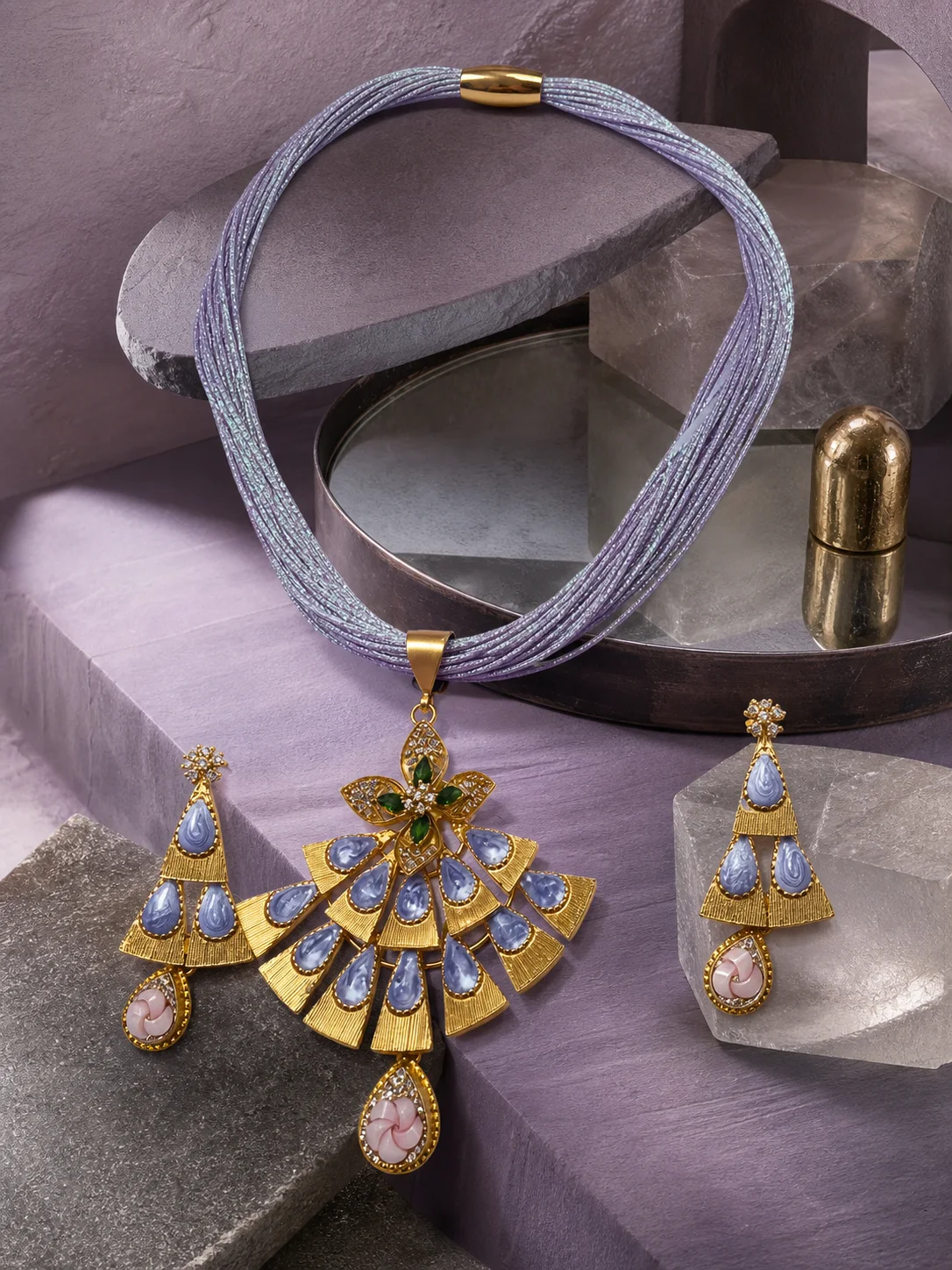 925 silver festive hasli full set with lavender cord and pink drops