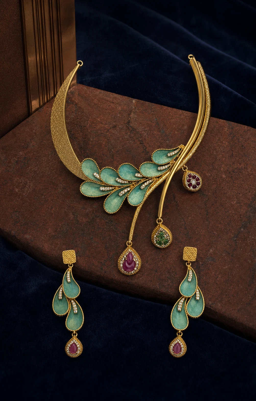 925 silver teal enamel torque full set with pink teardrop drops