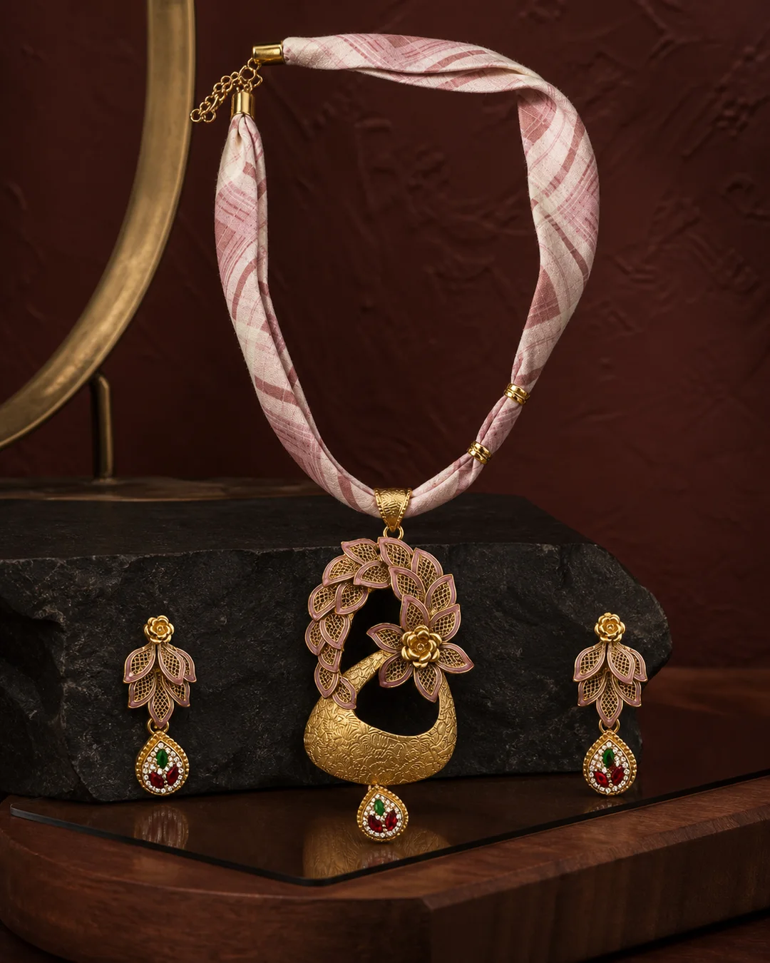 925 silver gold-finish rose pendant full set on a pink leheriya cord with pink enamel leaves