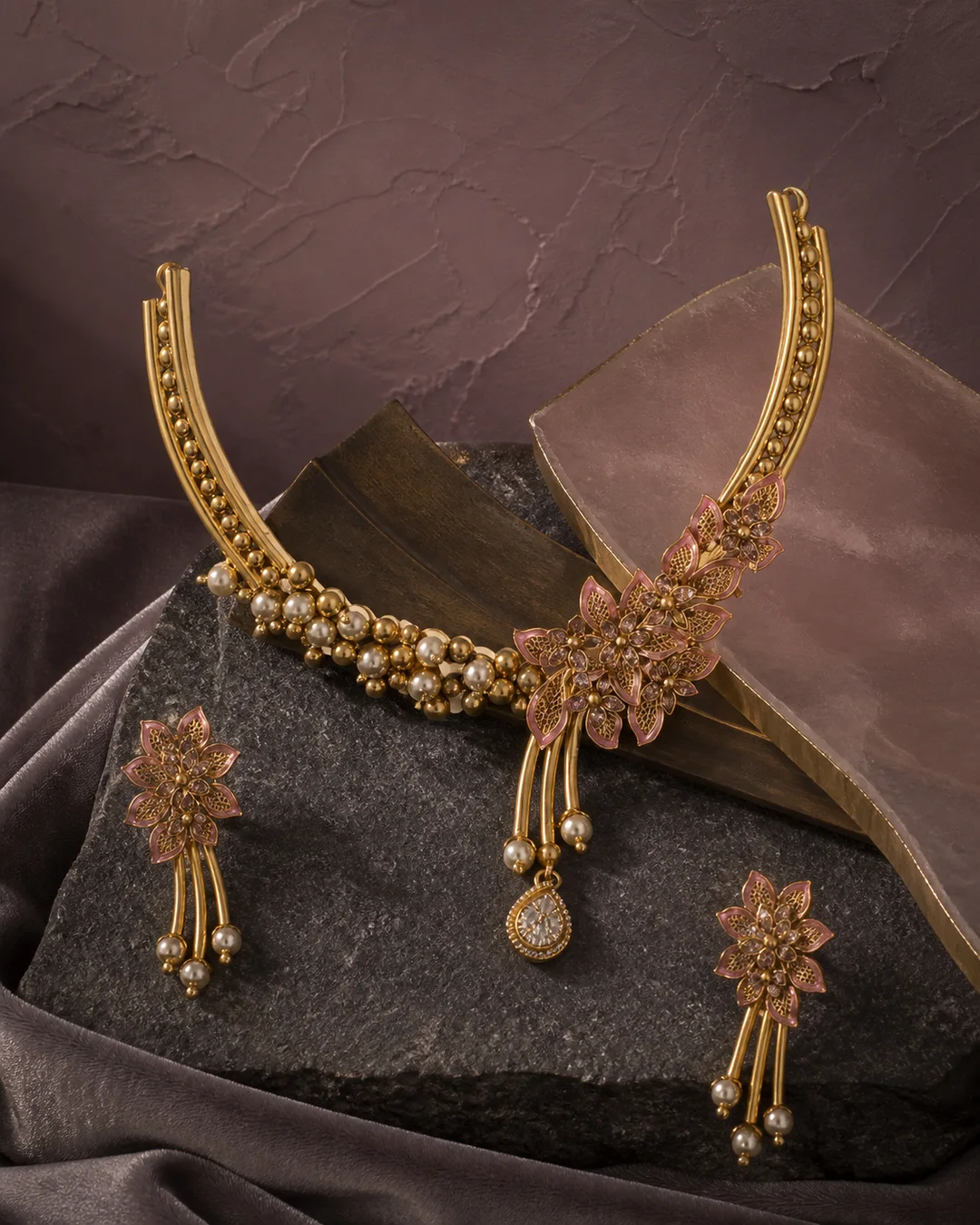 925 silver gold-finish floral necklace full set with pink enamel petals and pearl clusters