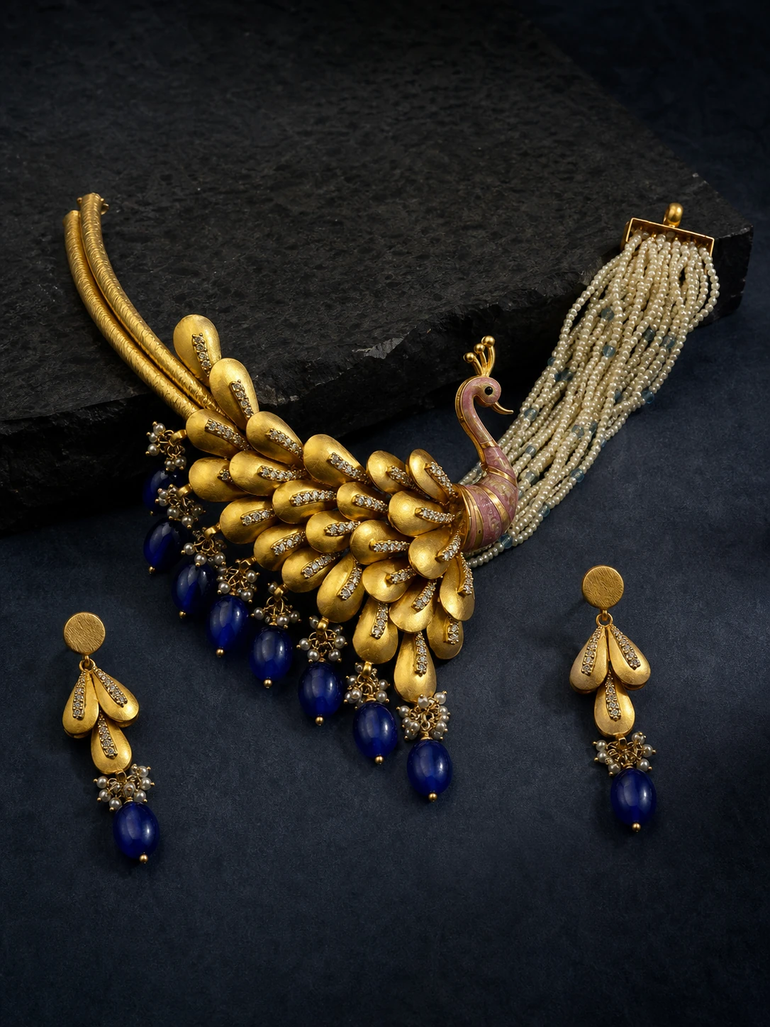 925 silver peacock maala wholesale set with pink enamel and cobalt drops