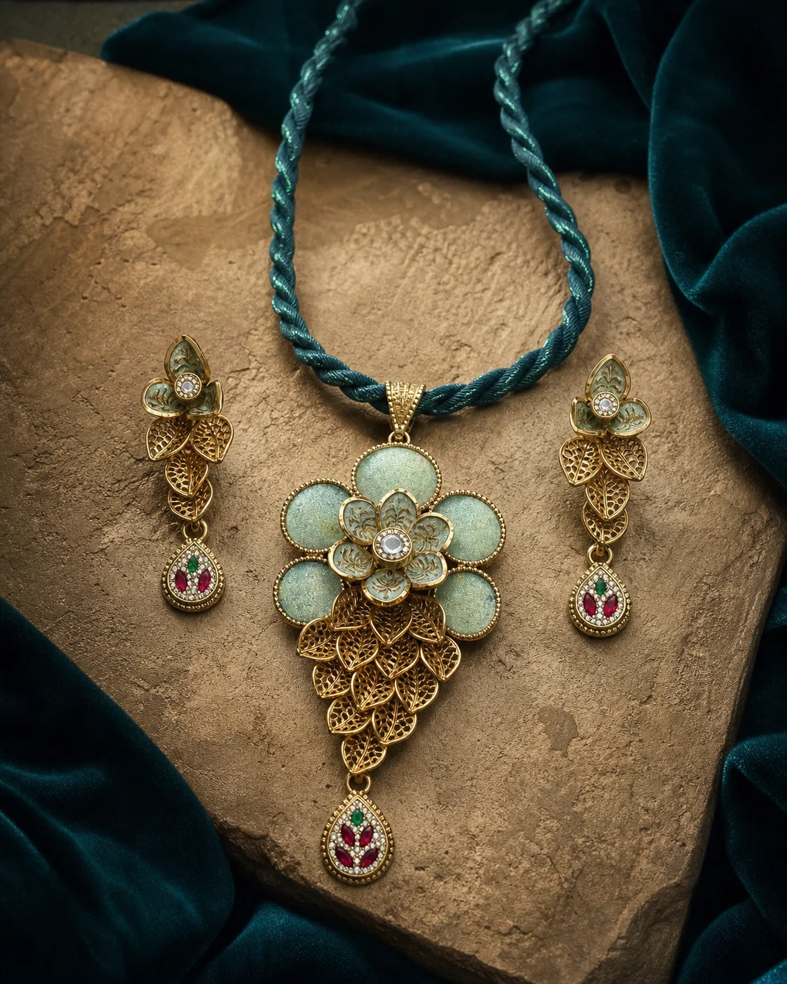 925 silver statement floral pendant full set with teal cord