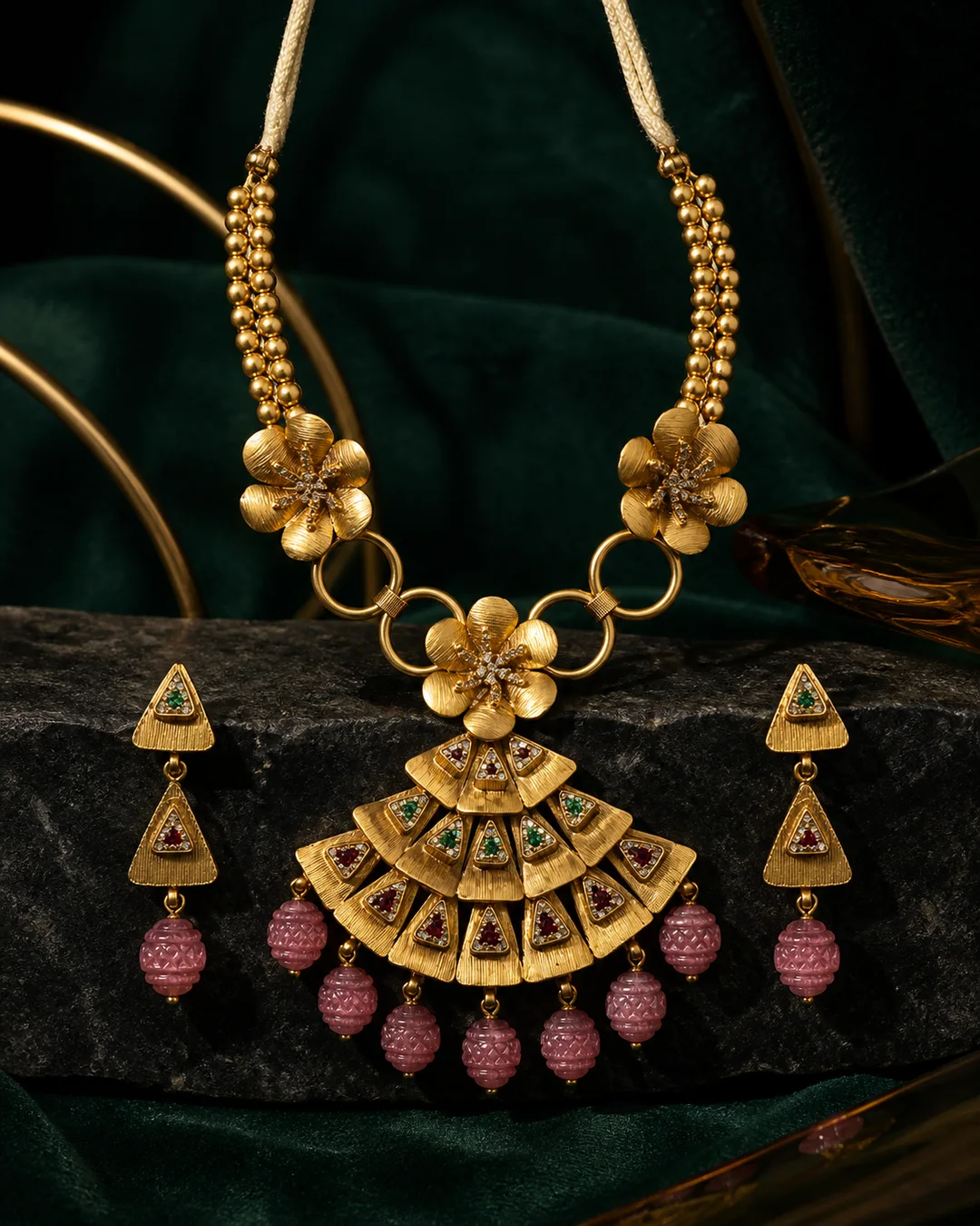 925 silver gold-finish fan pendant necklace full set with carved pink beads and floral shoulders