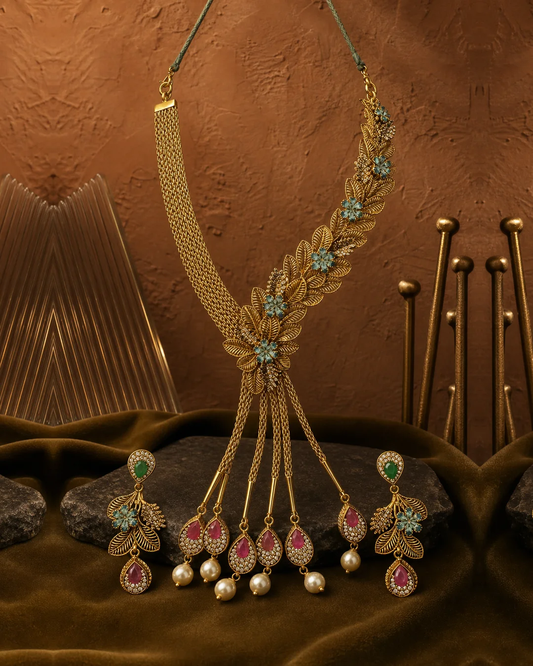 925 silver gold-finish leaf necklace full set with tassel drops, aqua flowers and ruby-red stones