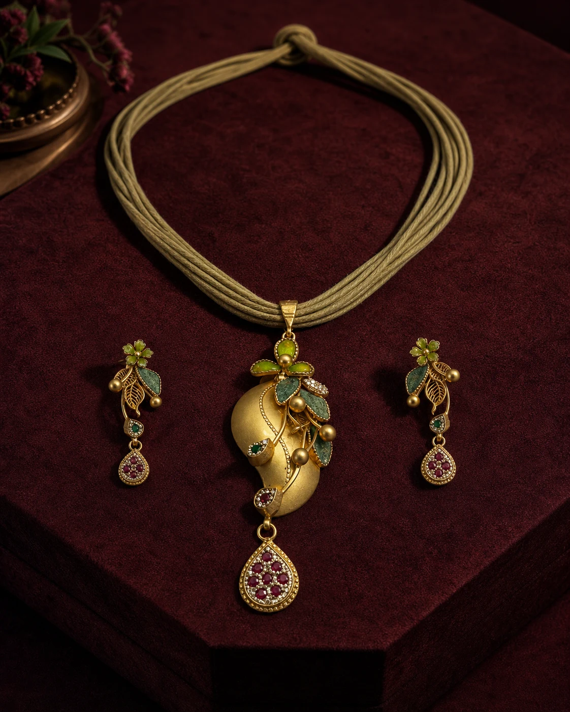 925 silver mango pendant full set on sage cord with ruby drop