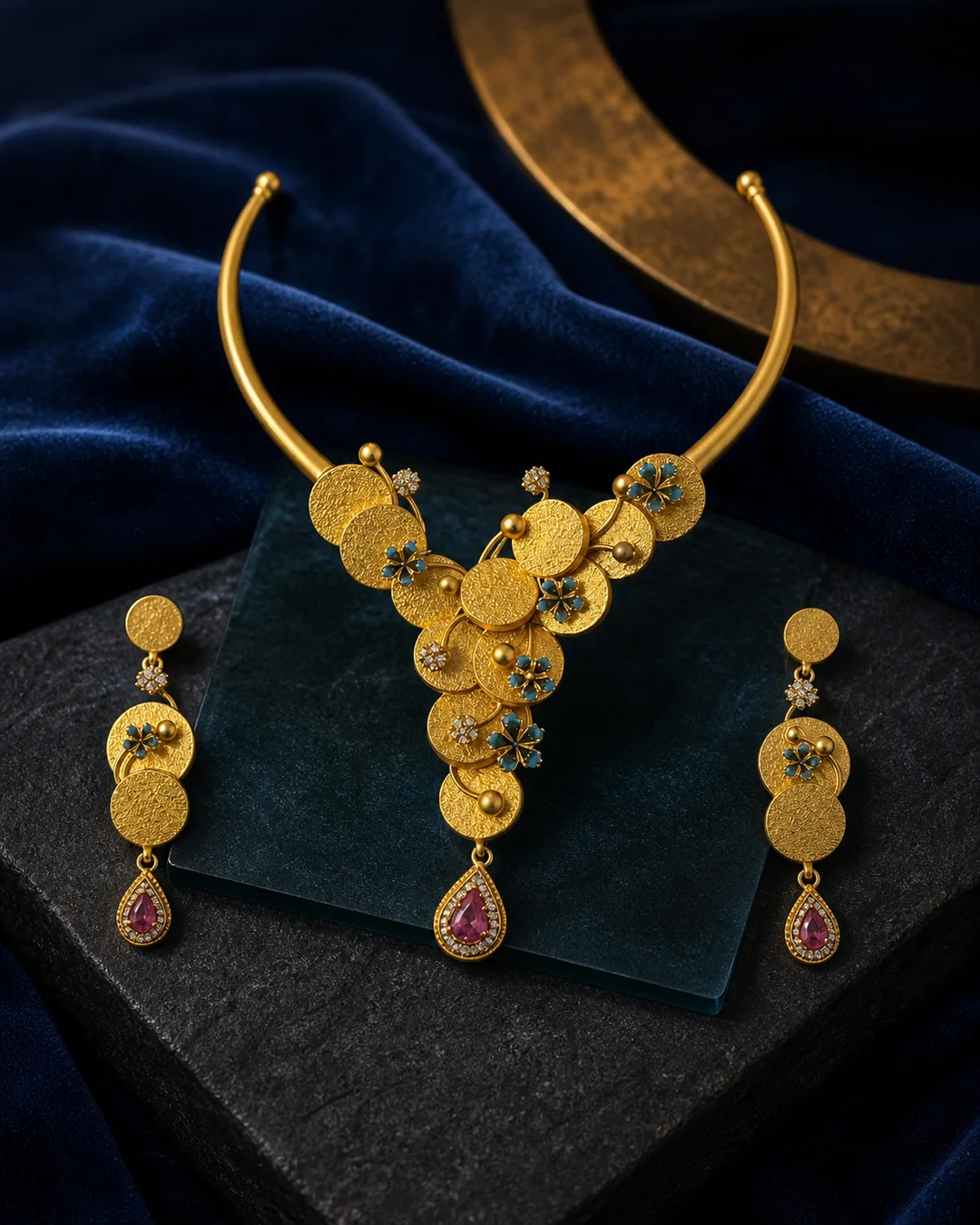 925 silver gold-finish coin cluster necklace full set with turquoise enamel flowers and a pink drop