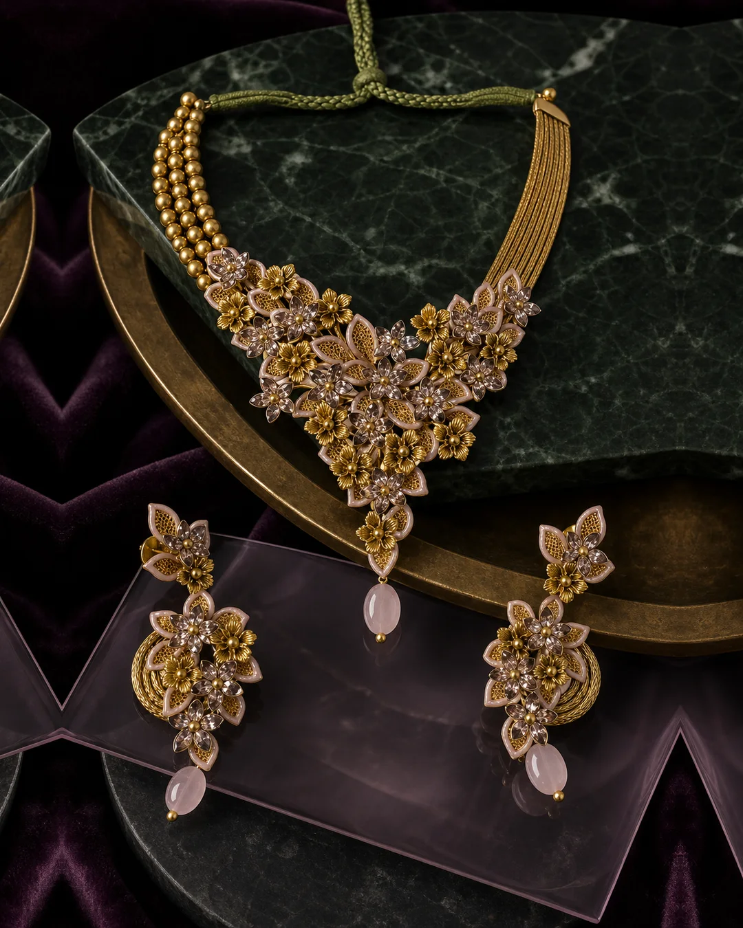 925 silver gold-finish floral pendant full set with ivory cord and green enamel leaves