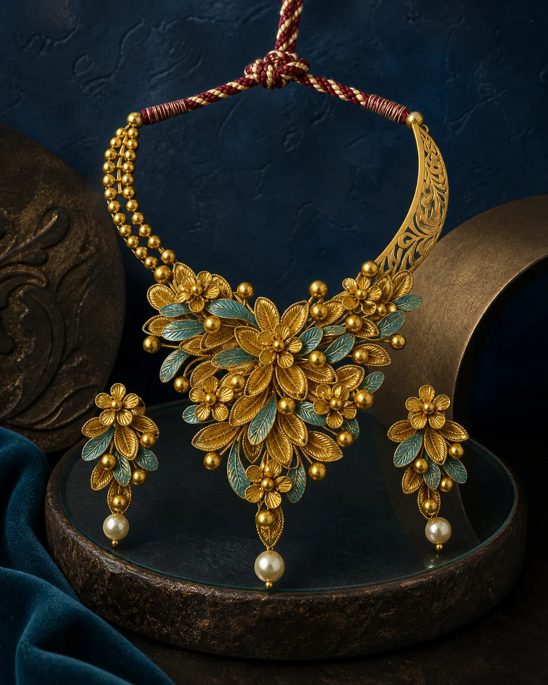 925 silver gold-finish floral drop necklace full set with green cord and pink stones