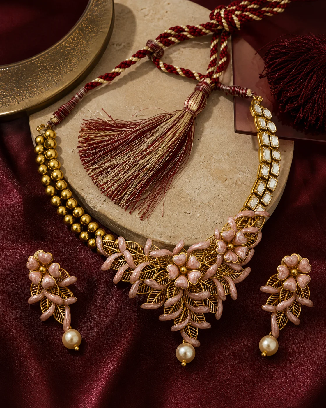 925 silver gold-finish oval pendant full set with ruby enamel and cream cord