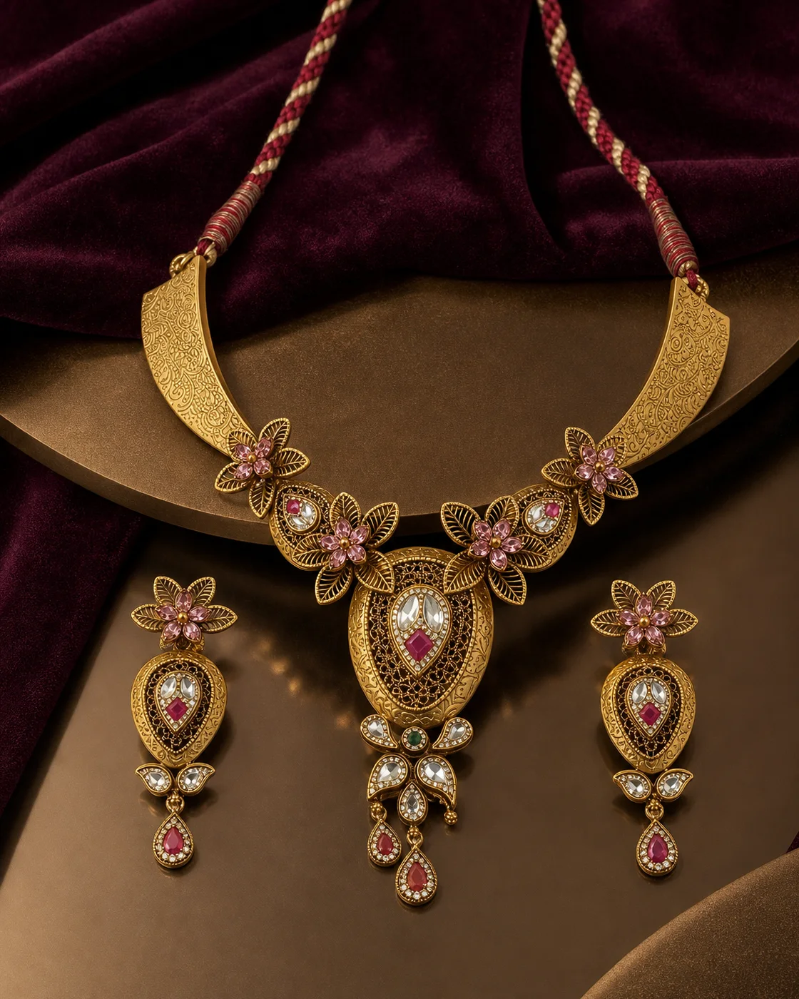 925 silver gold-finish lotus pendant full set with pink cord and matching earrings