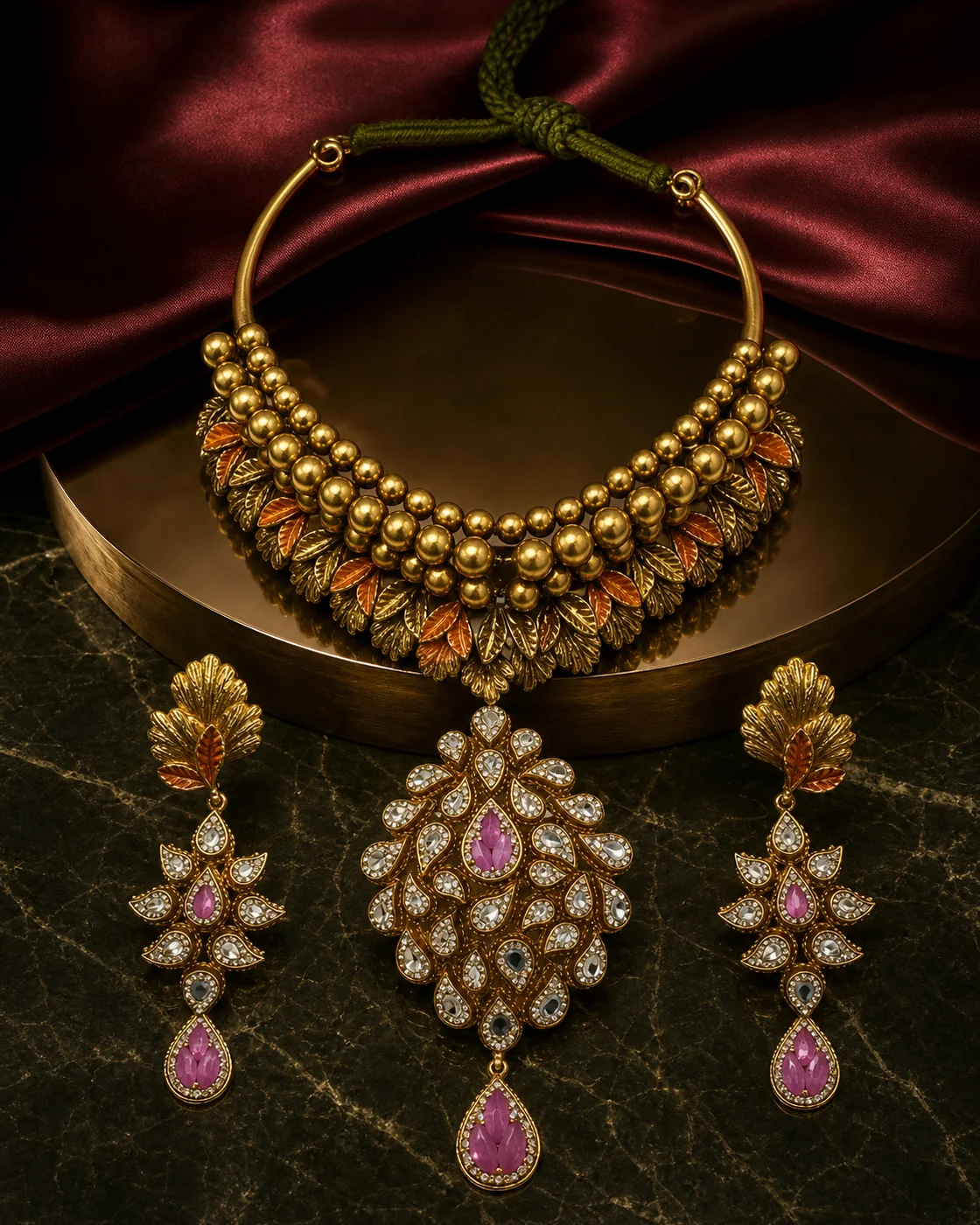 925 silver gold-finish floral medallion full set with emerald cord and pearl accents