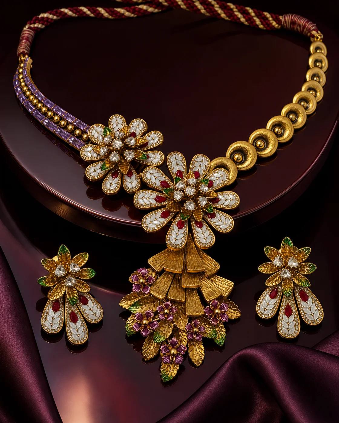 925 silver gold-finish layered floral necklace full set with teal cord and pink drops