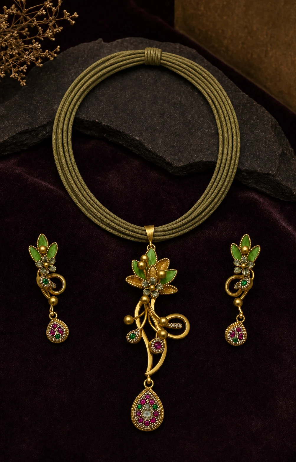 925 silver floral pendant full set on sage cord with pavé teardrop