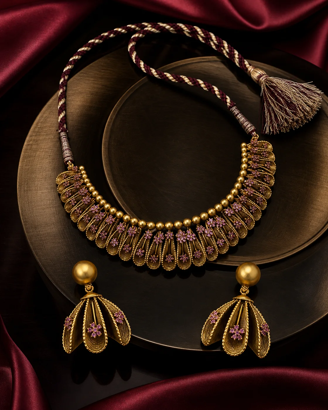 925 silver gold-finish statement pendant full set with sage cord and matching earrings