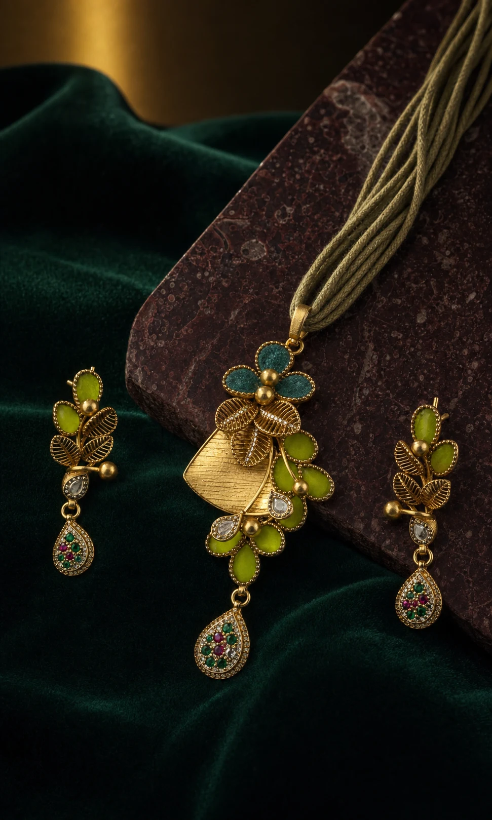 925 silver lime leaf pendant full set with teal enamel flower